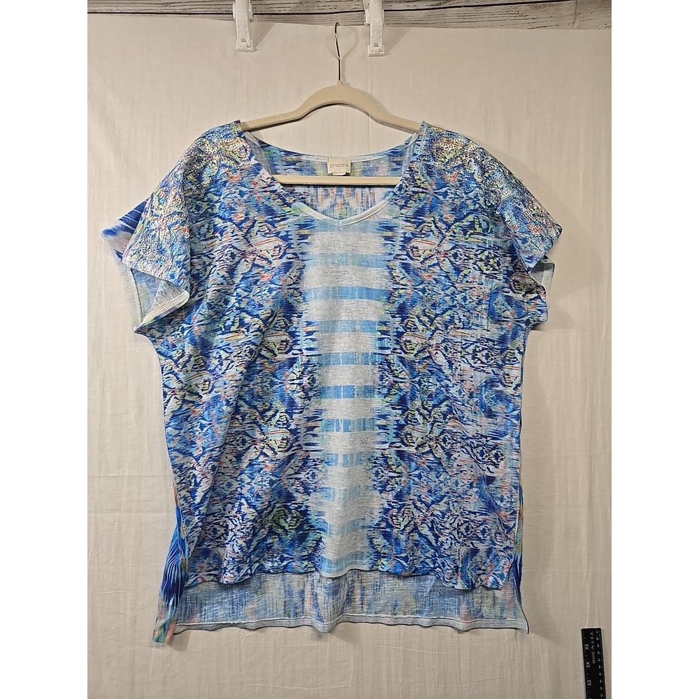 Chico's Blue Hi Low Dolman Blouse Women's Short Sleeve Large? Lace Applique
